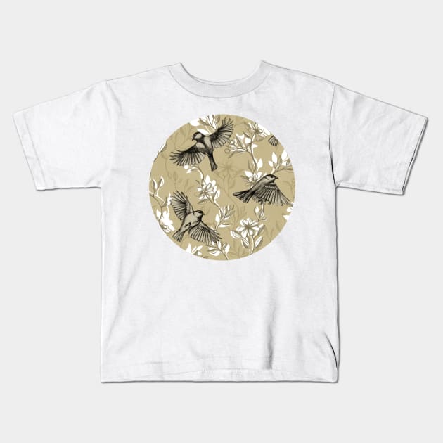 Flowers and Flight in Monochrome Golden Tan Kids T-Shirt by micklyn
